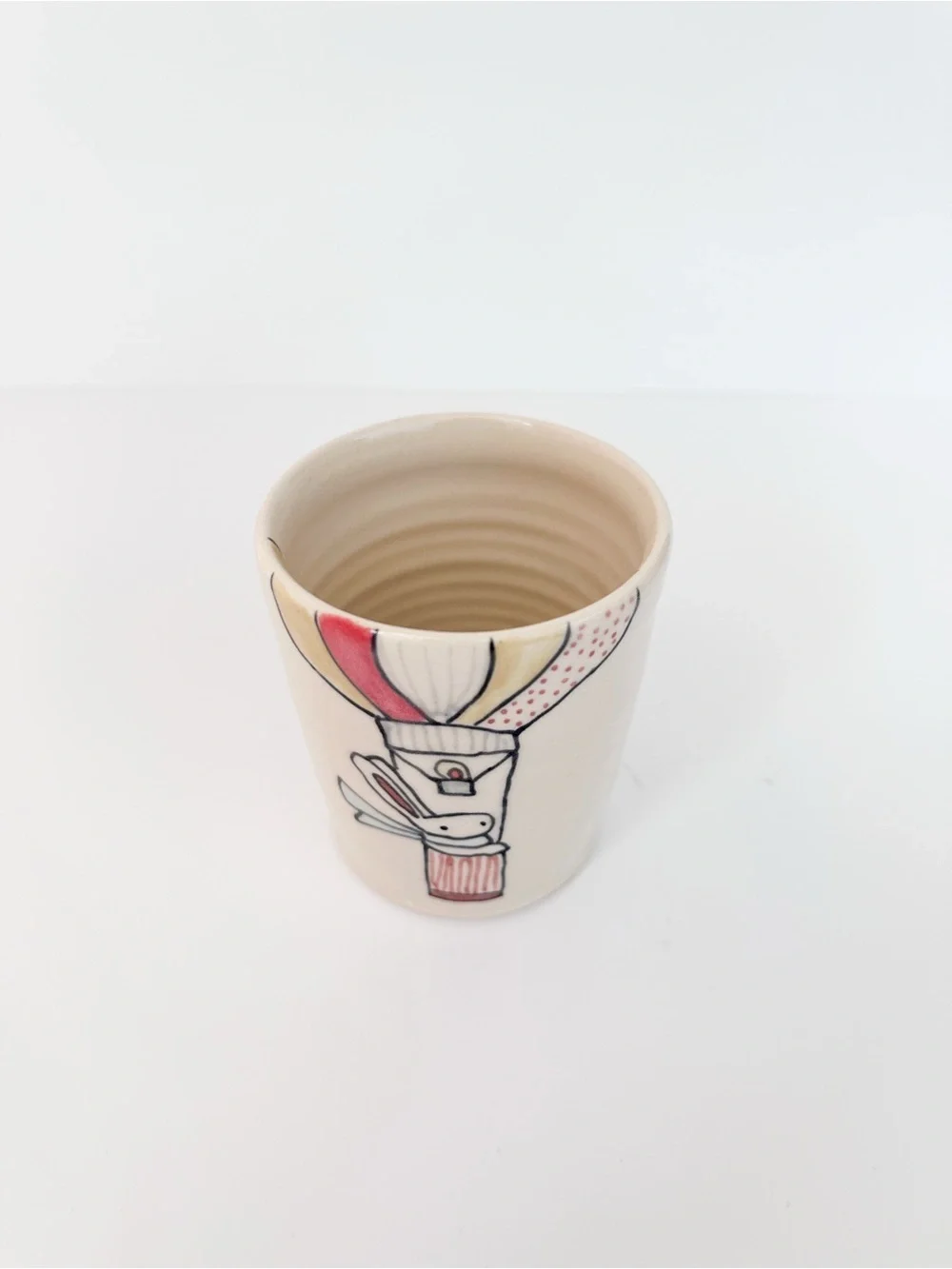 Handmade Pottery Tumbler Hot Air Balloon Bunny Illustrated Cup Artist Signed